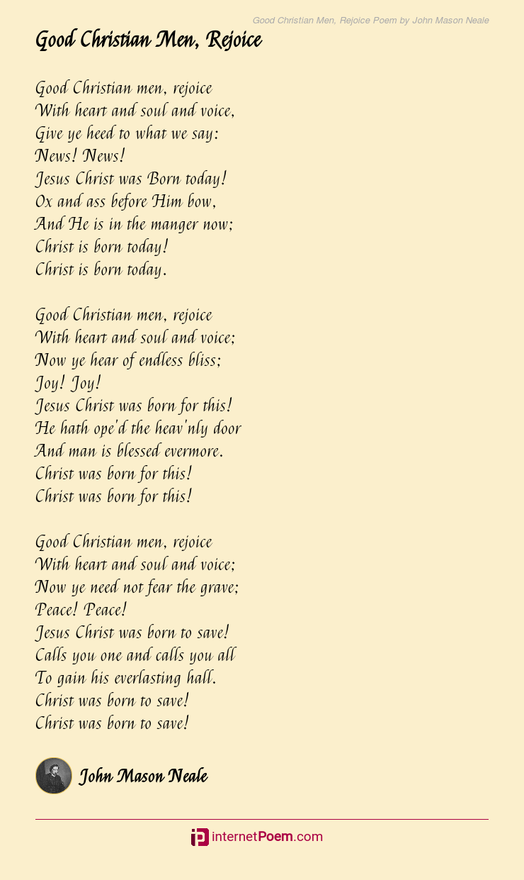 Good Christian Men, Rejoice Poem by John Mason Neale