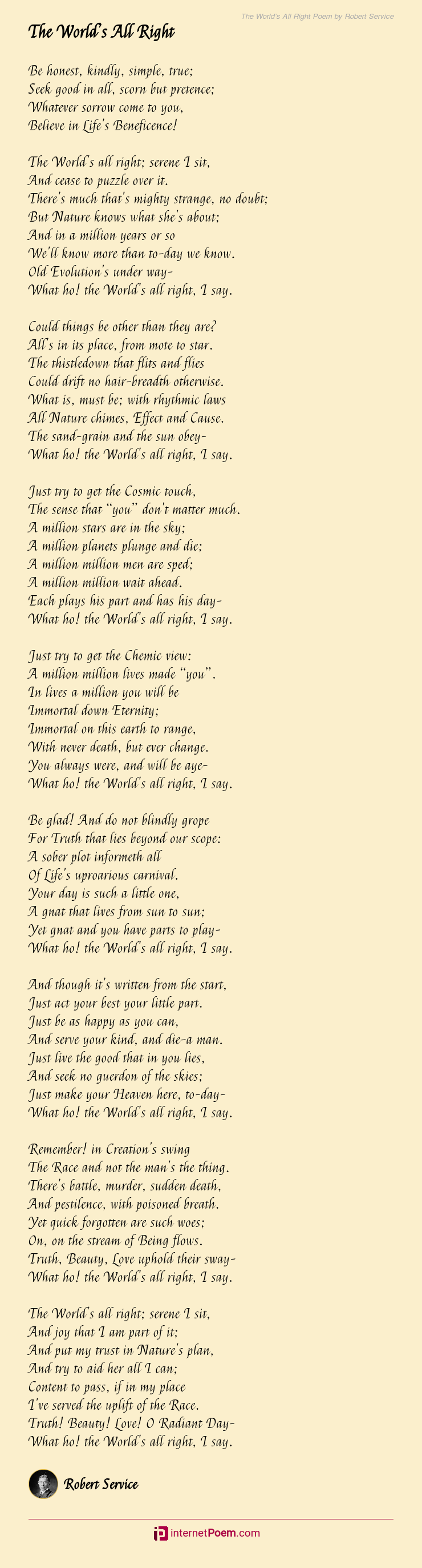 The World S All Right Poem By Robert Service