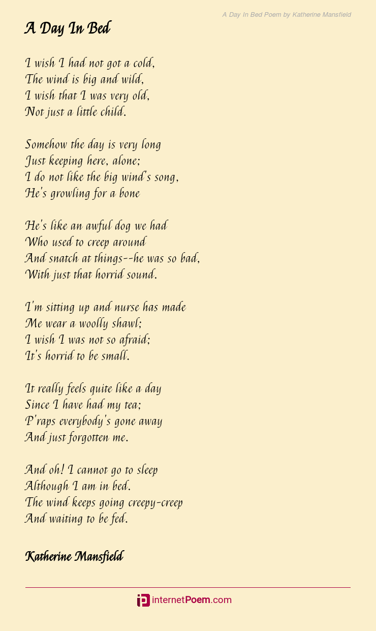 A Day In Bed Poem by Katherine Mansfield