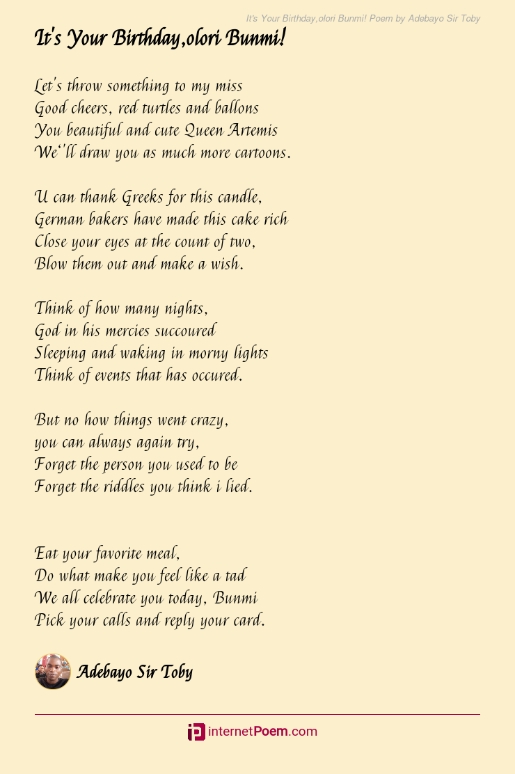 It's Your Birthday,olori Bunmi! Poem by Adebayo Sir Toby