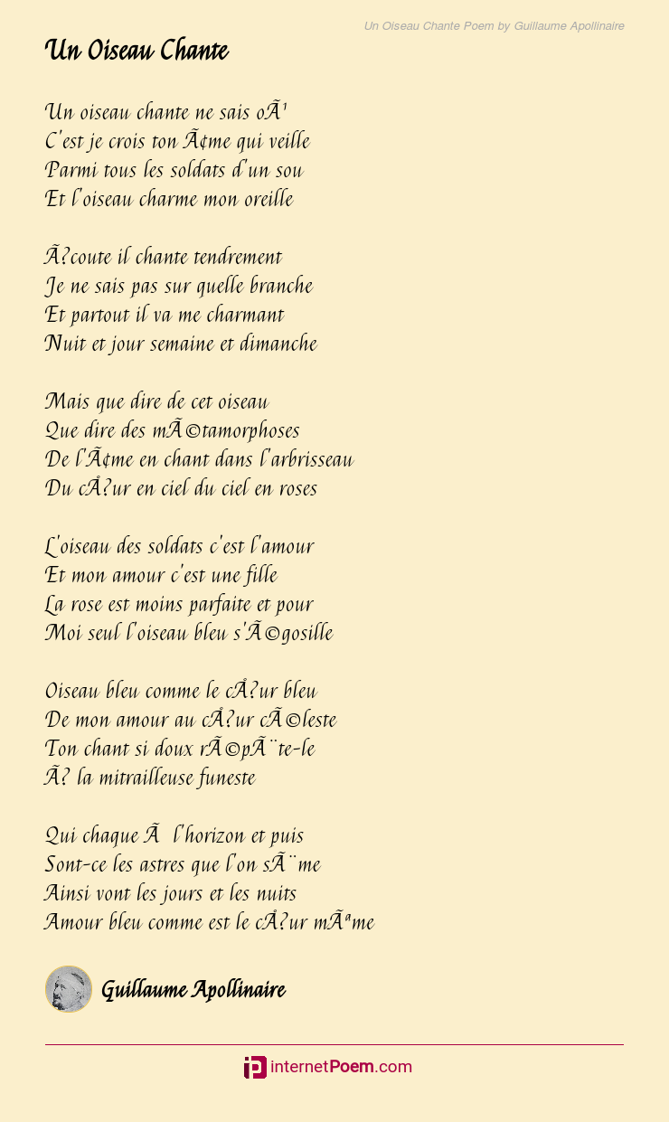 Un Oiseau Chante Poem by Guillaume Apollinaire