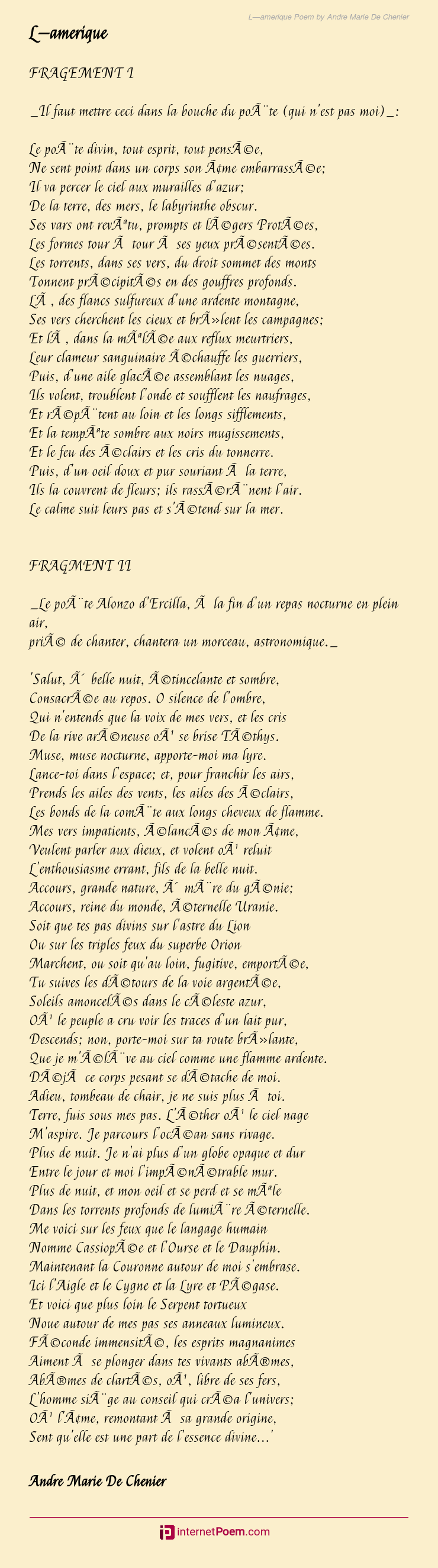 L Amerique Poem By Andre Marie De Chenier 9665