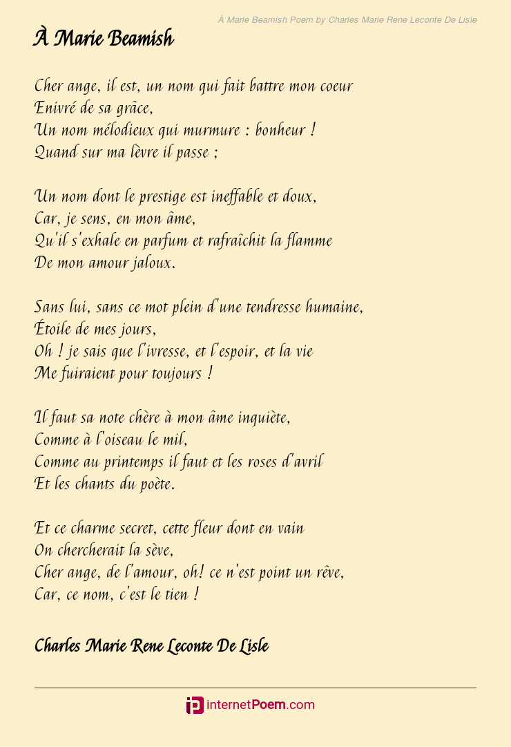 À Marie Beamish Poem by Charles Marie Rene Leconte De Lisle