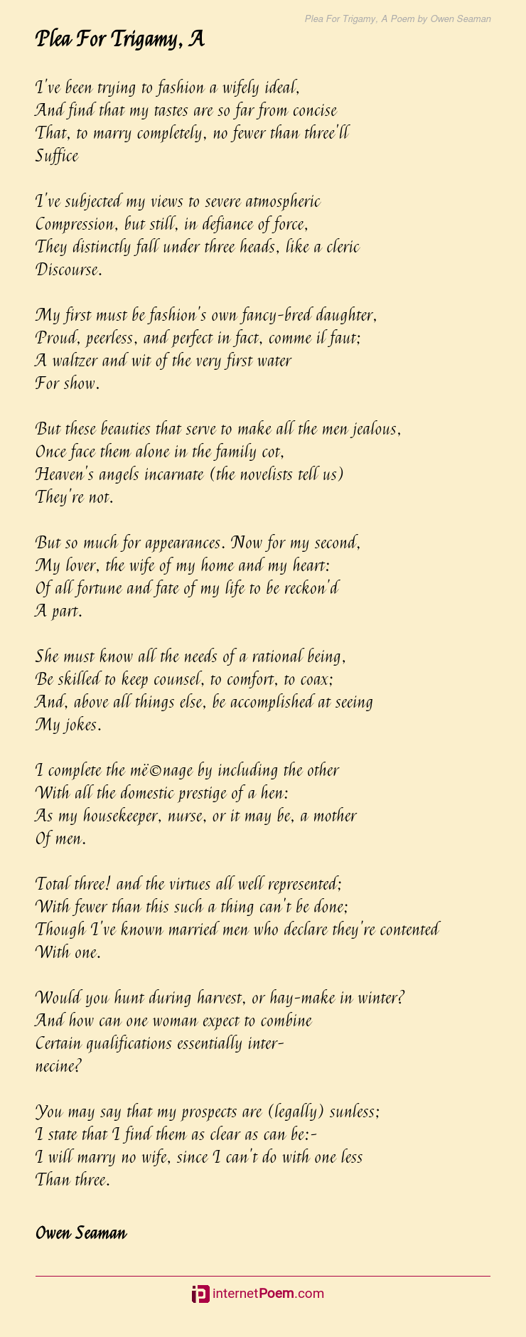 Plea For Trigamy, A Poem by Owen Seaman