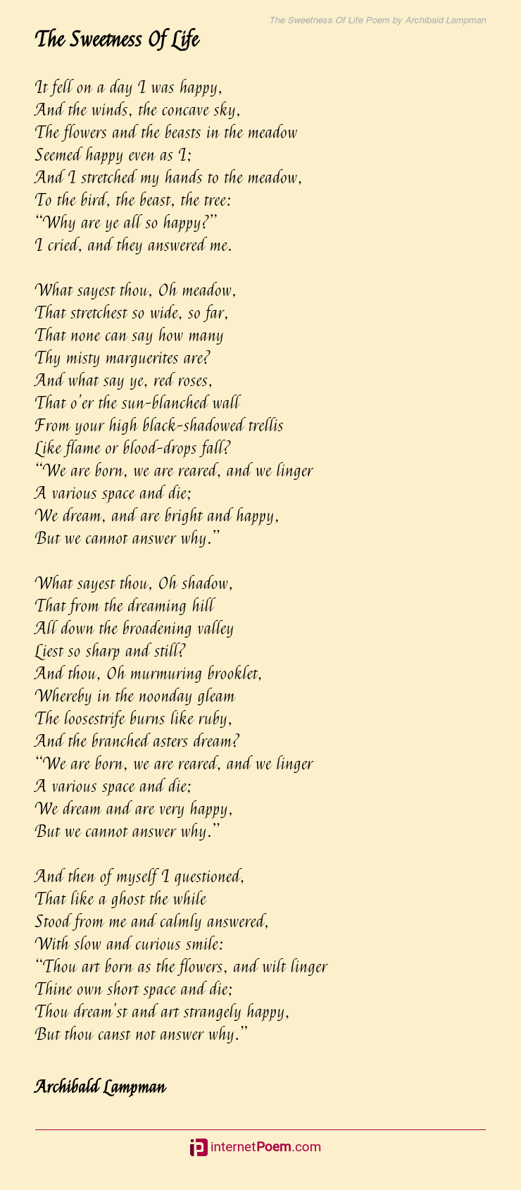The Sweetness Of Life Poem By Archibald Lampman