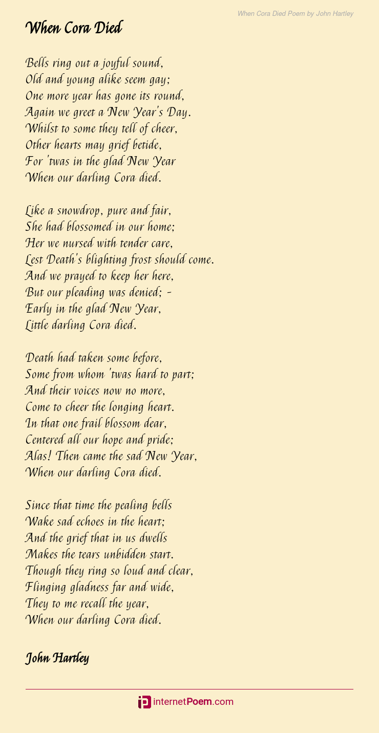 When Cora Died Poem by John Hartley