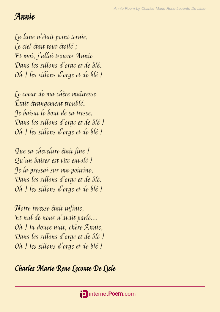Annie Poem by Charles Marie Rene Leconte De Lisle
