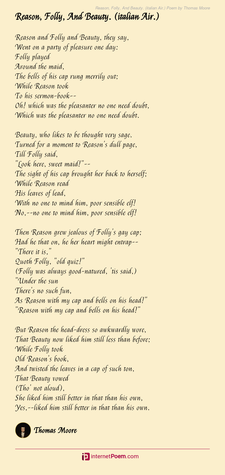 Reason Folly And Beauty Italian Air Poem By Thomas Moore