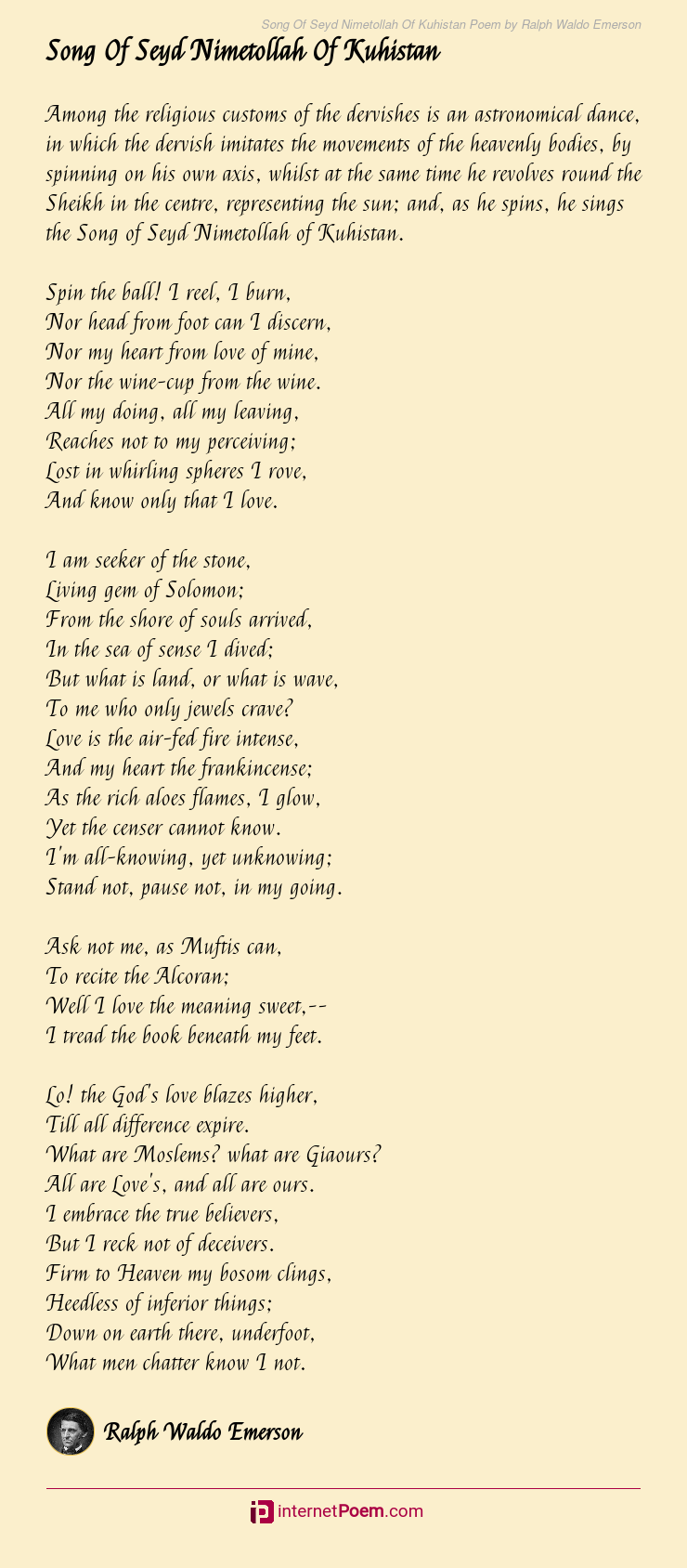 Song Of Seyd Nimetollah Of Kuhistan Poem by Ralph Waldo Emerson