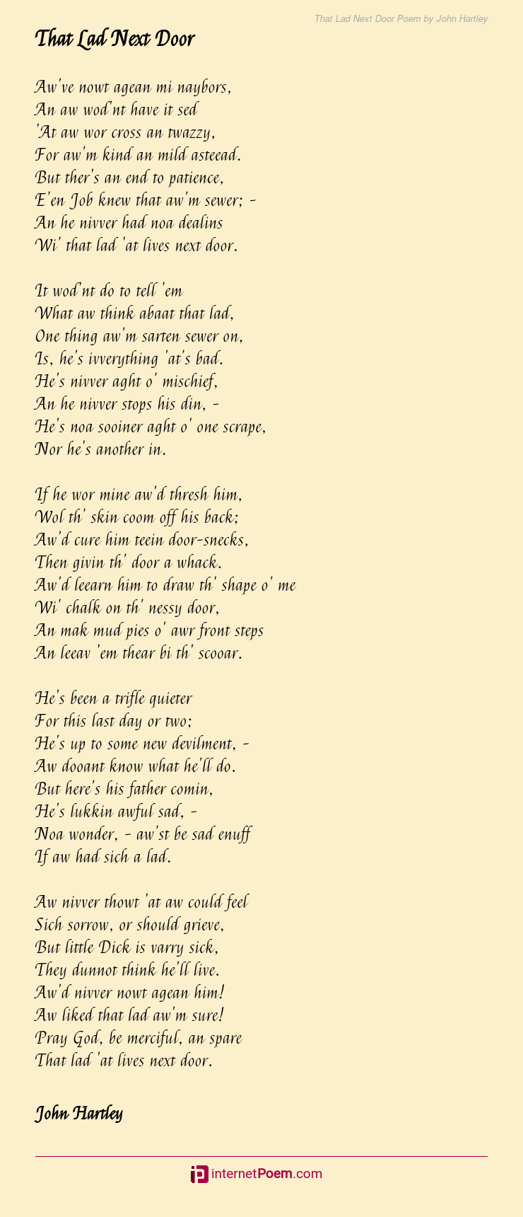 That Lad Next Door Poem by John Hartley