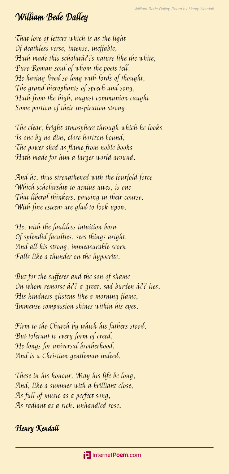 William Bede Dalley Poem By Henry Kendall