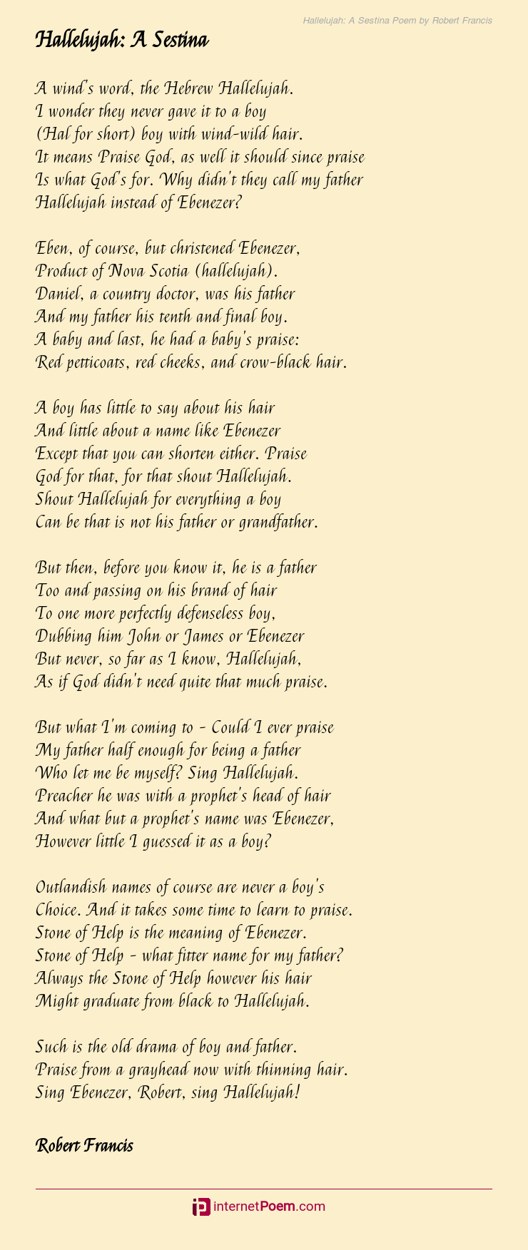 Hallelujah: A Sestina Poem by Robert Francis