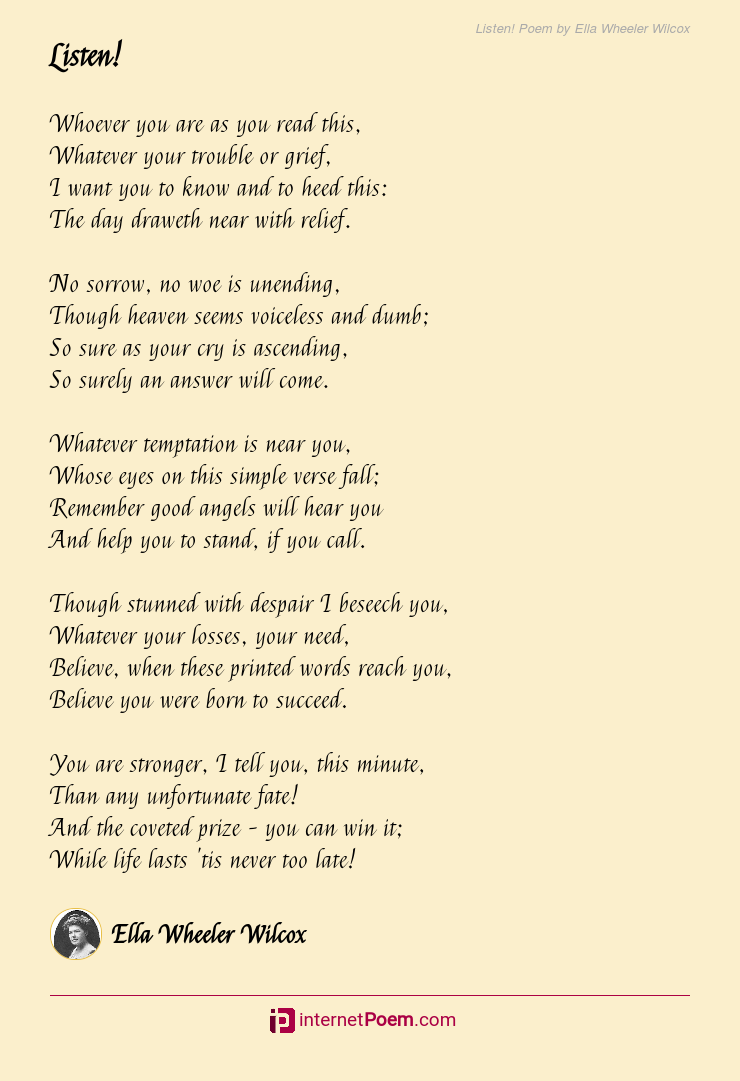 Listen! Poem by Ella Wheeler Wilcox