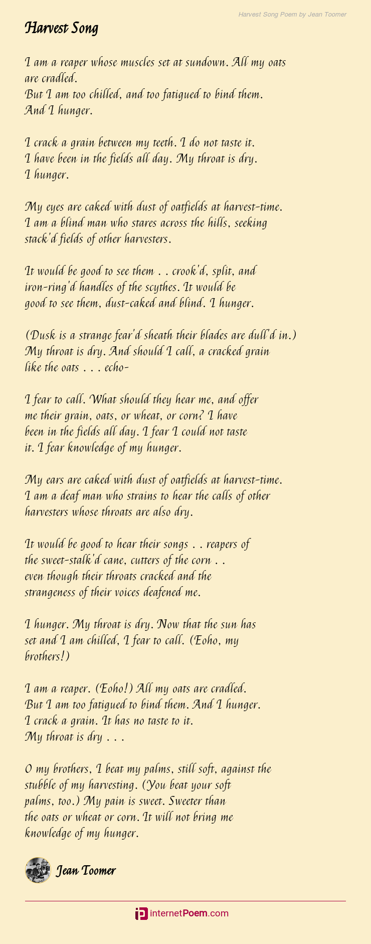 entreprenør Dripping chef Harvest Song Poem by Jean Toomer
