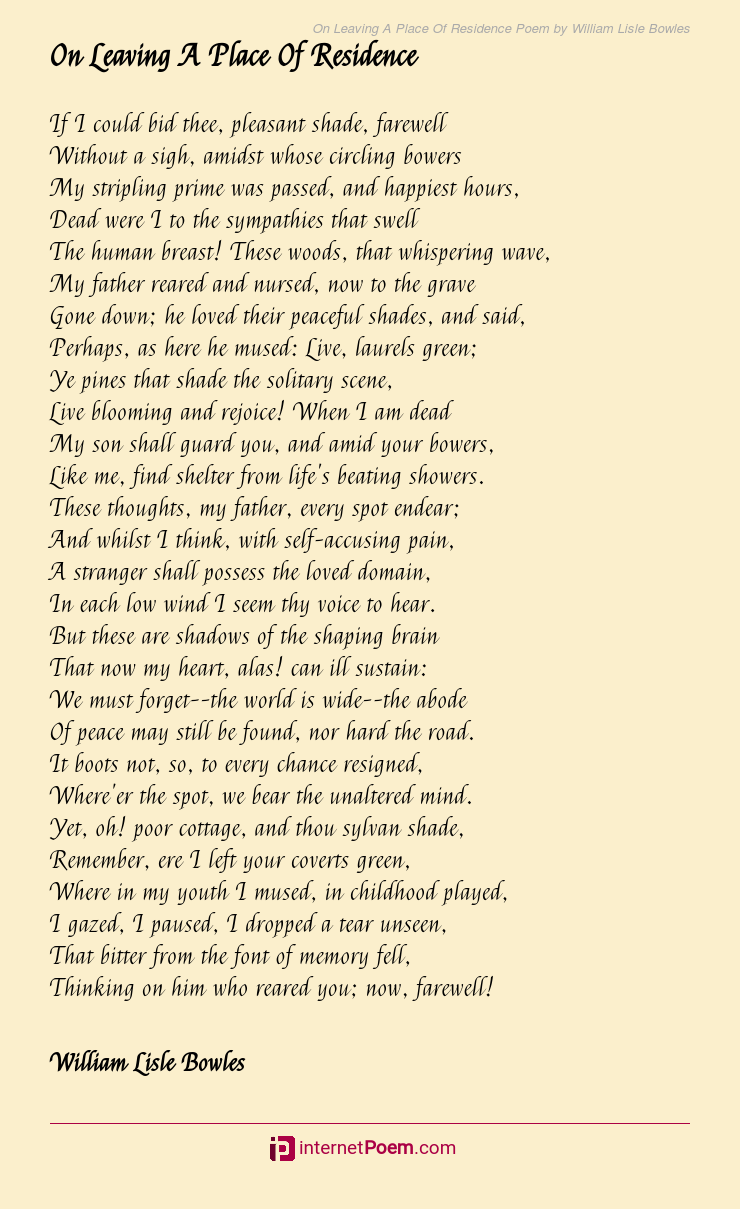 On Leaving A Place Of Residence Poem By William Lisle Bowles