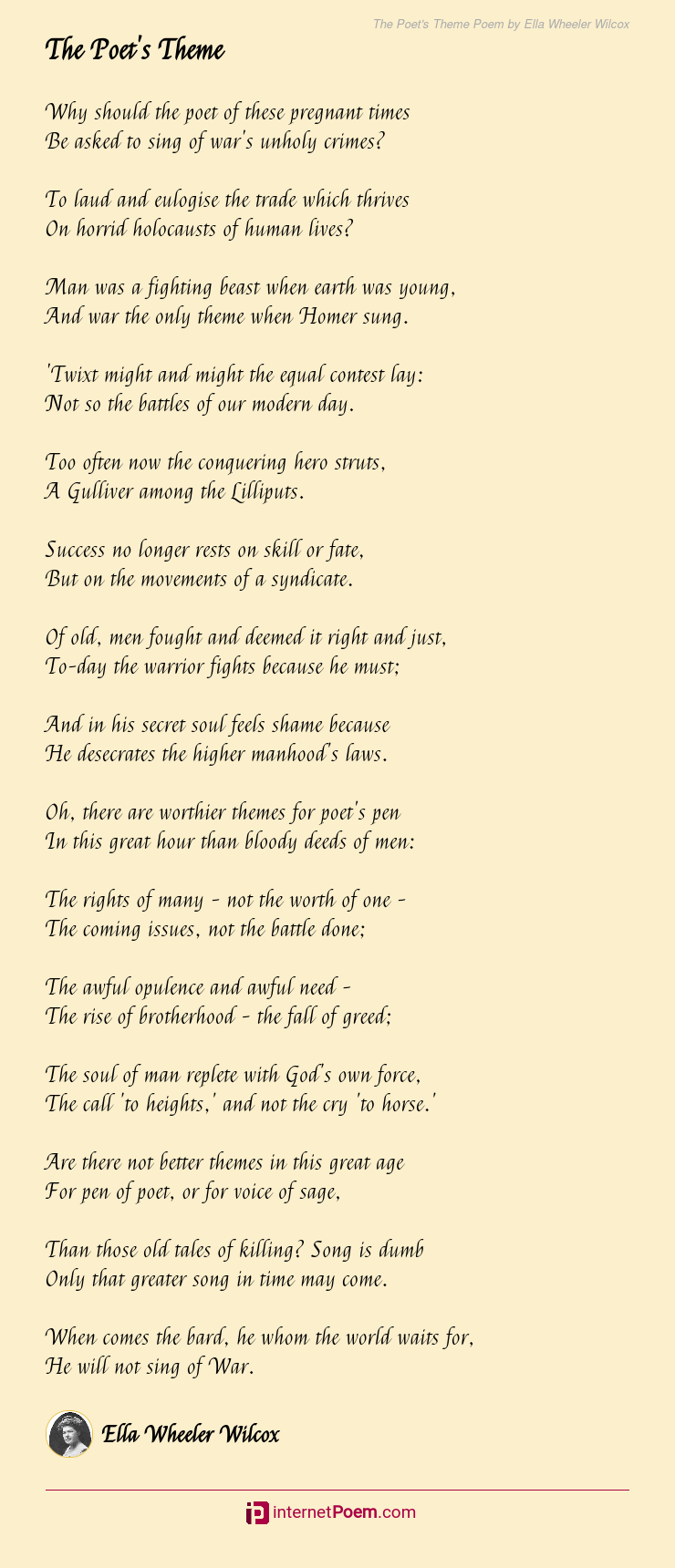 The Poet S Theme Poem By Ella Wheeler Wilcox