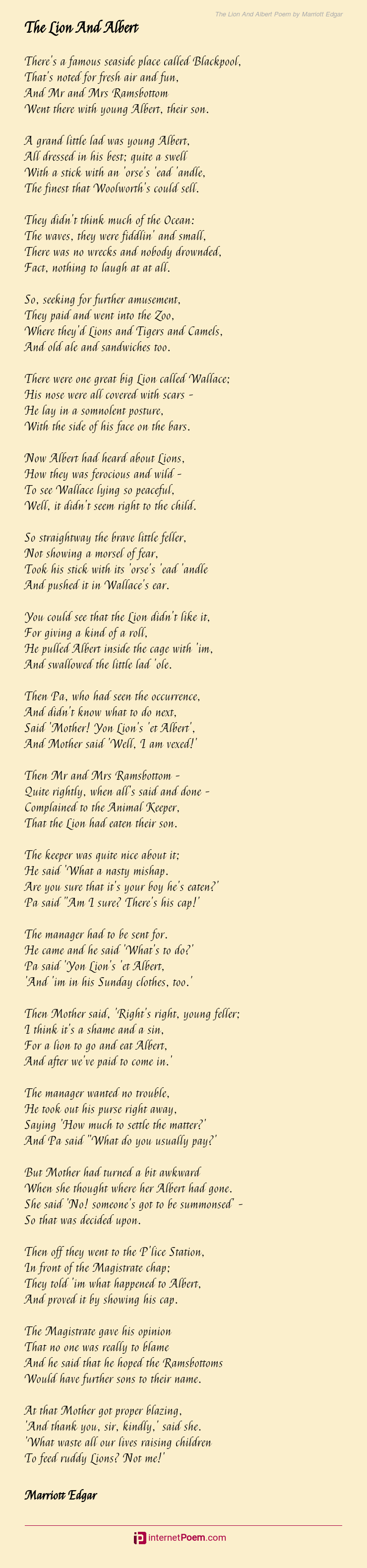The Lion And Albert Poem by Marriott Edgar
