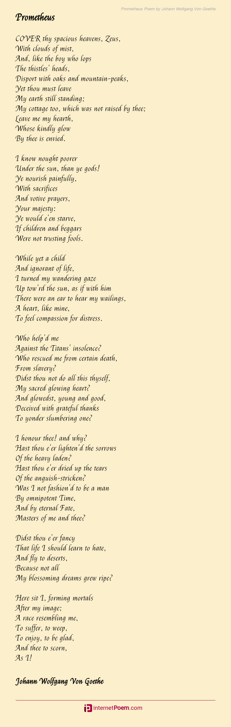 Prometheus Poem by Johann Wolfgang Von Goethe