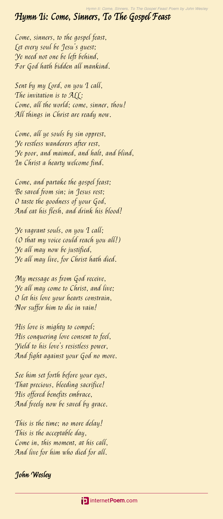 Hymn Ii: Come, Sinners, To The Gospel Feast Poem by John Wesley