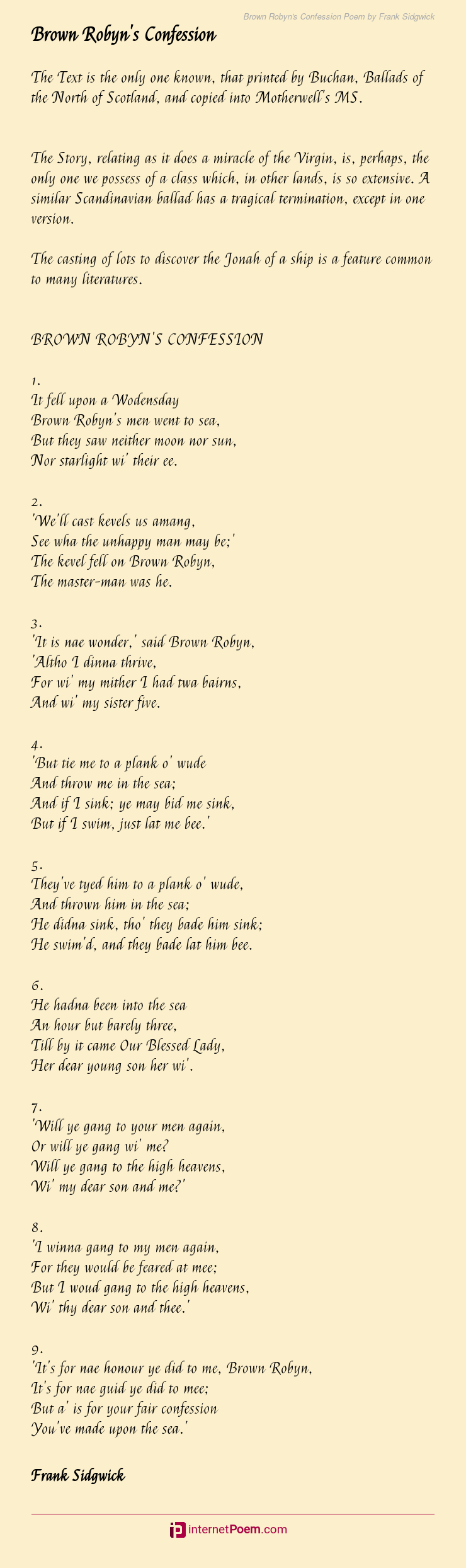 Brown Robyns Confession Poem By Frank Sidgwick 5013