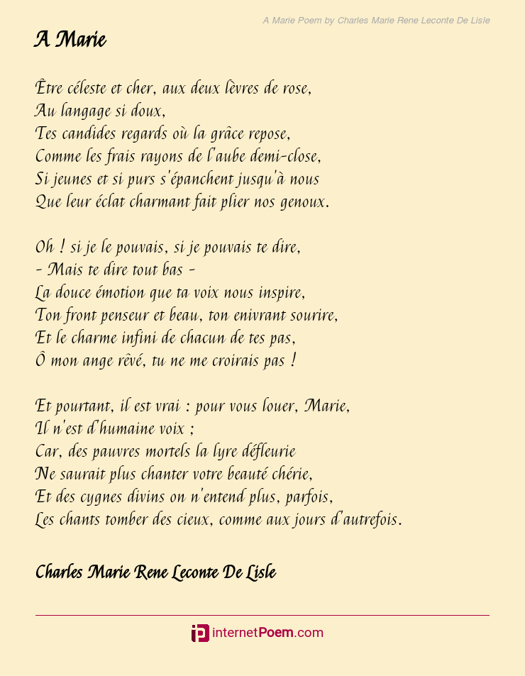 A Marie Poem by Charles Marie Rene Leconte De Lisle