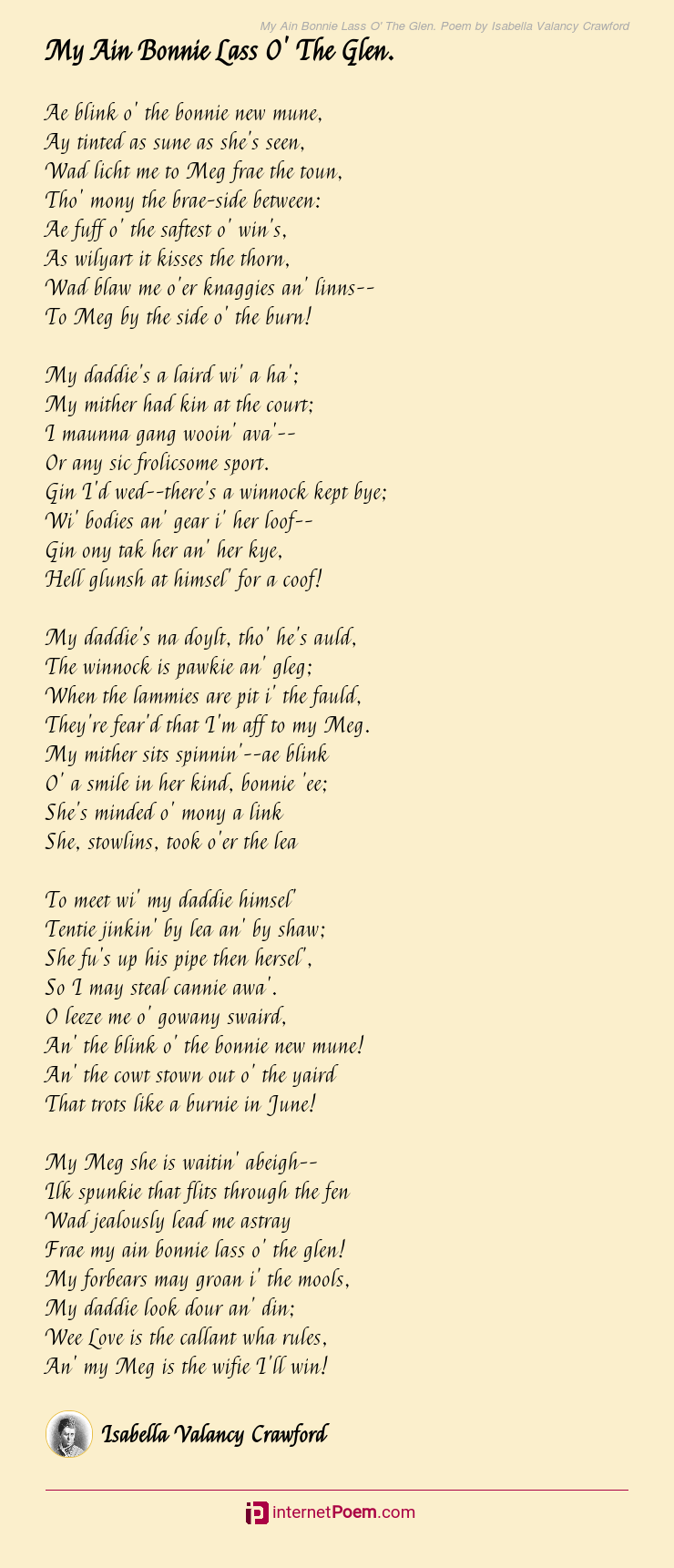 My Ain Bonnie Lass O The Glen Poem By Isabella Valancy Crawford