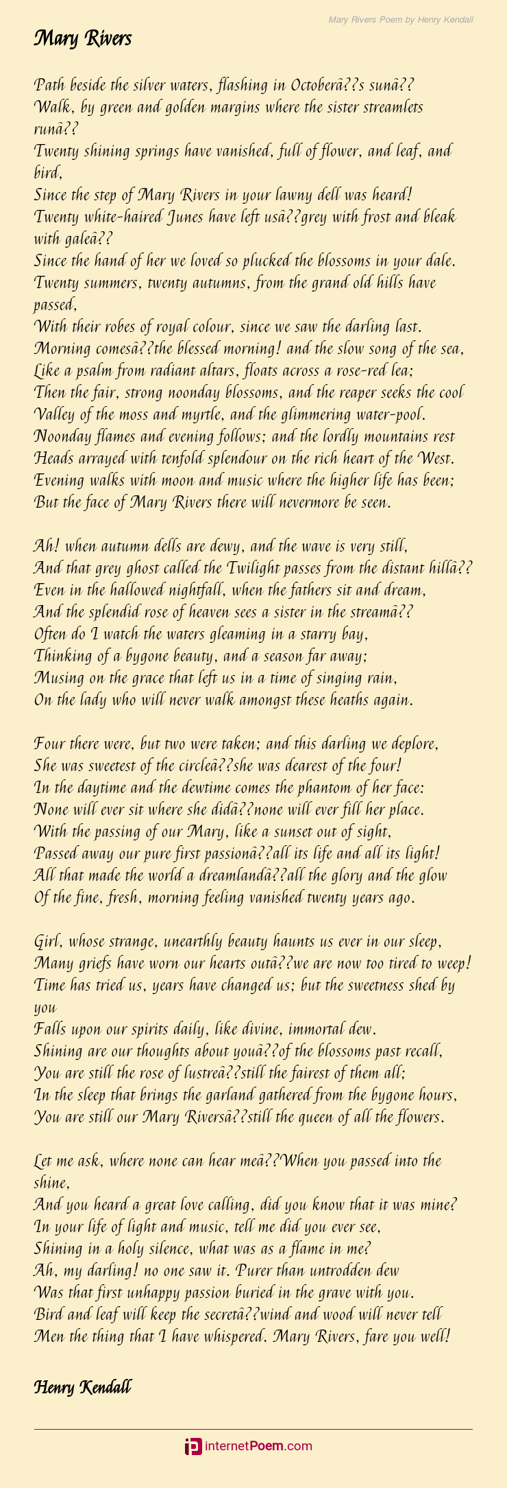 Mary Rivers Poem By Henry Kendall