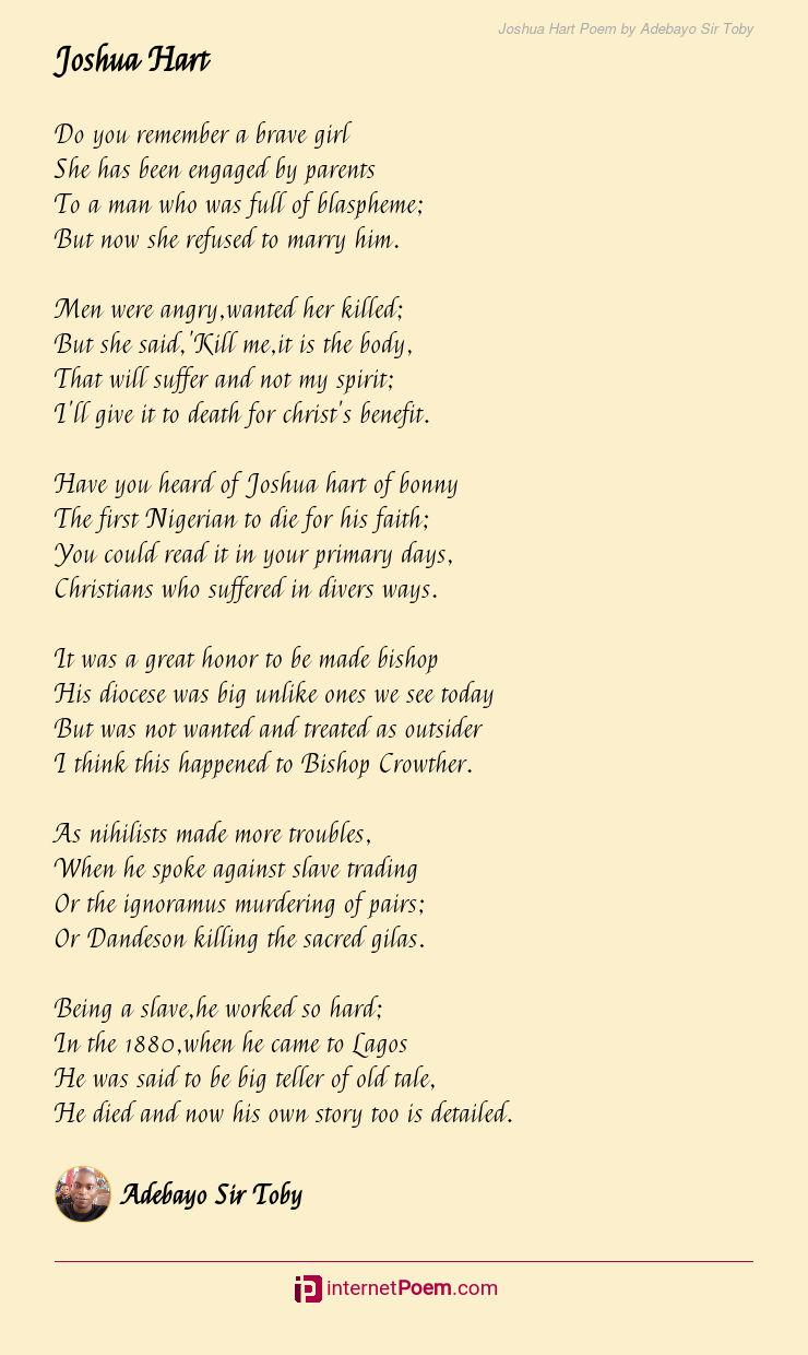 Joshua Hart Poem by Adebayo Sir Toby