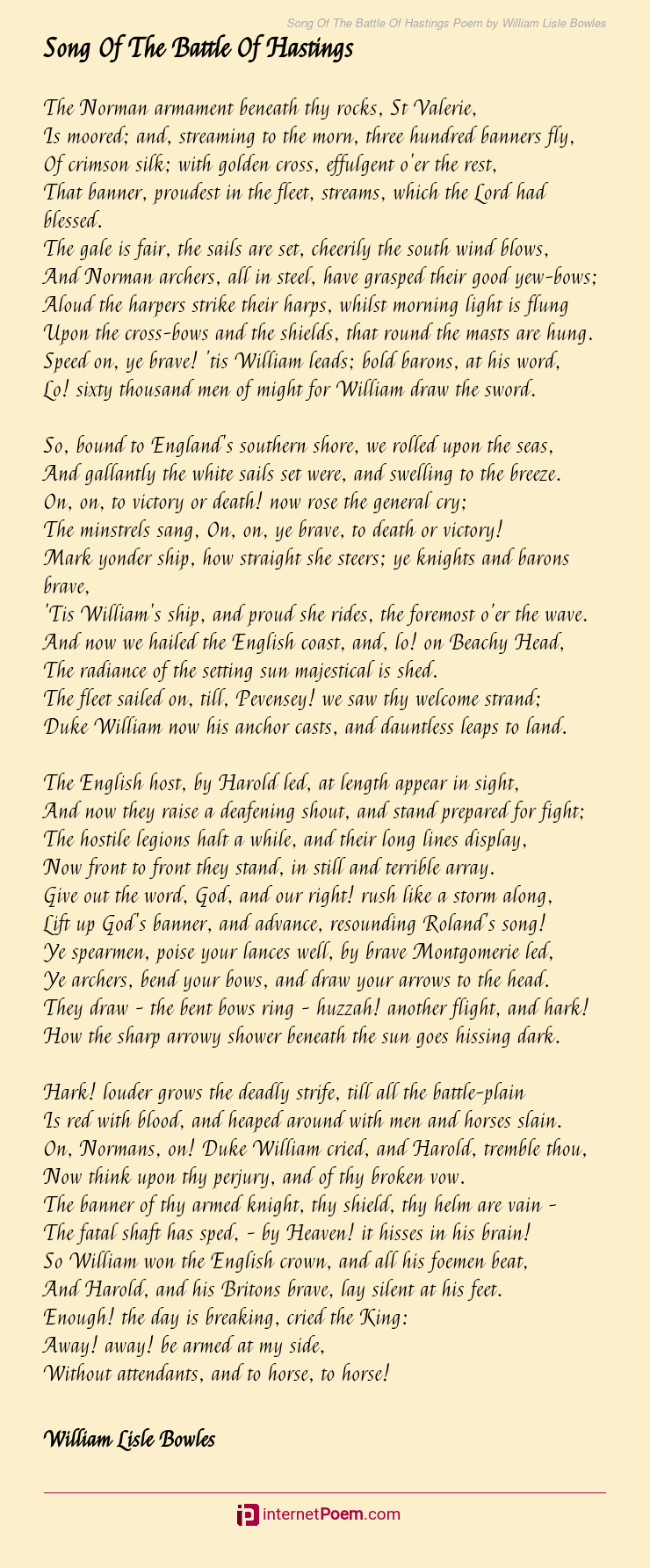 Song Of The Battle Of Hastings Poem By William Lisle Bowles