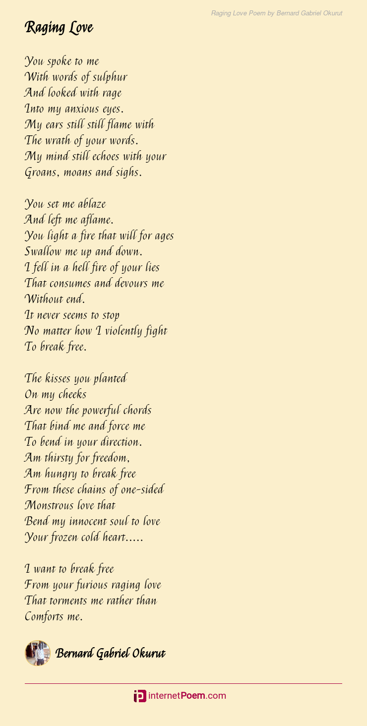 Raging Love Poem by Bernard Gabriel Okurut