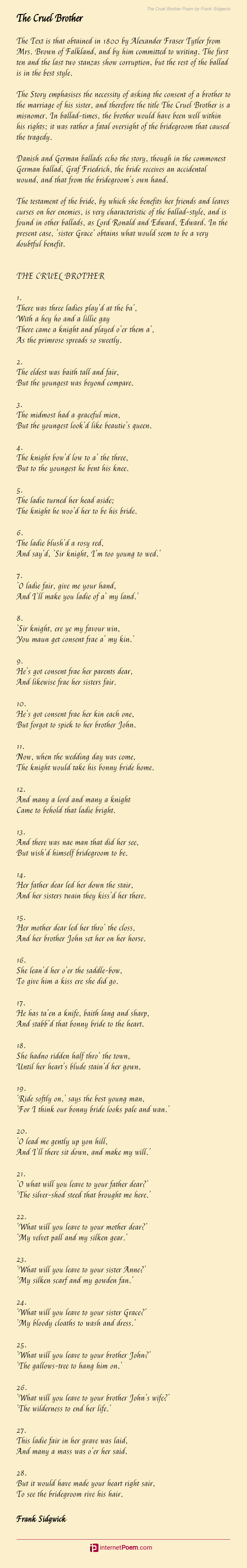 The Cruel Brother Poem By Frank Sidgwick 1638