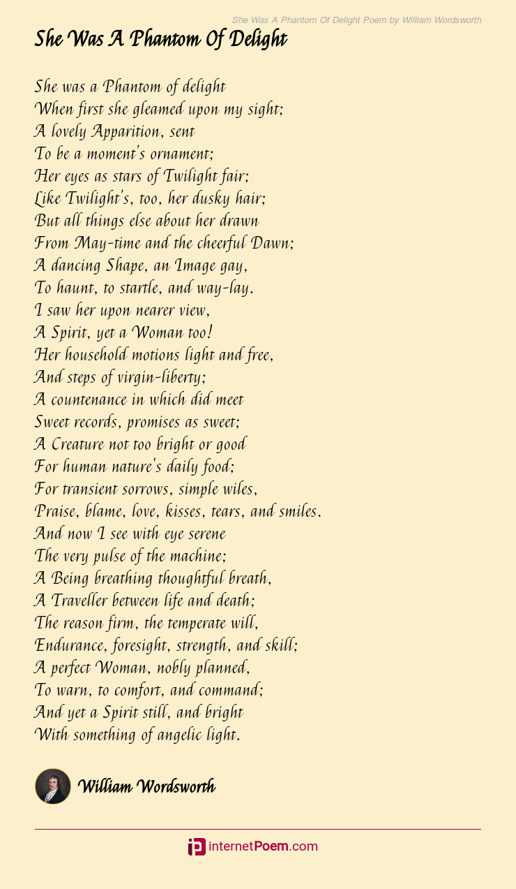 She Was A Phantom Of Delight Poem by William Wordsworth
