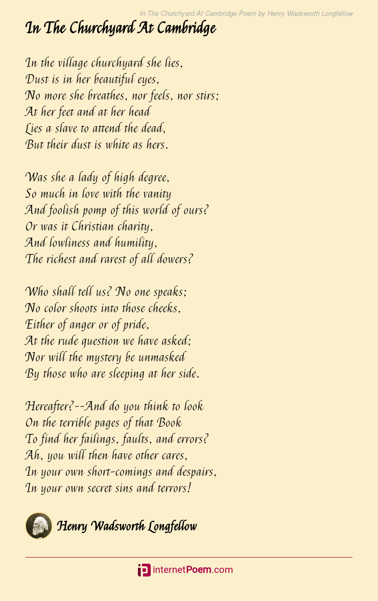 In The Churchyard At Cambridge Poem by Henry Wadsworth Longfellow
