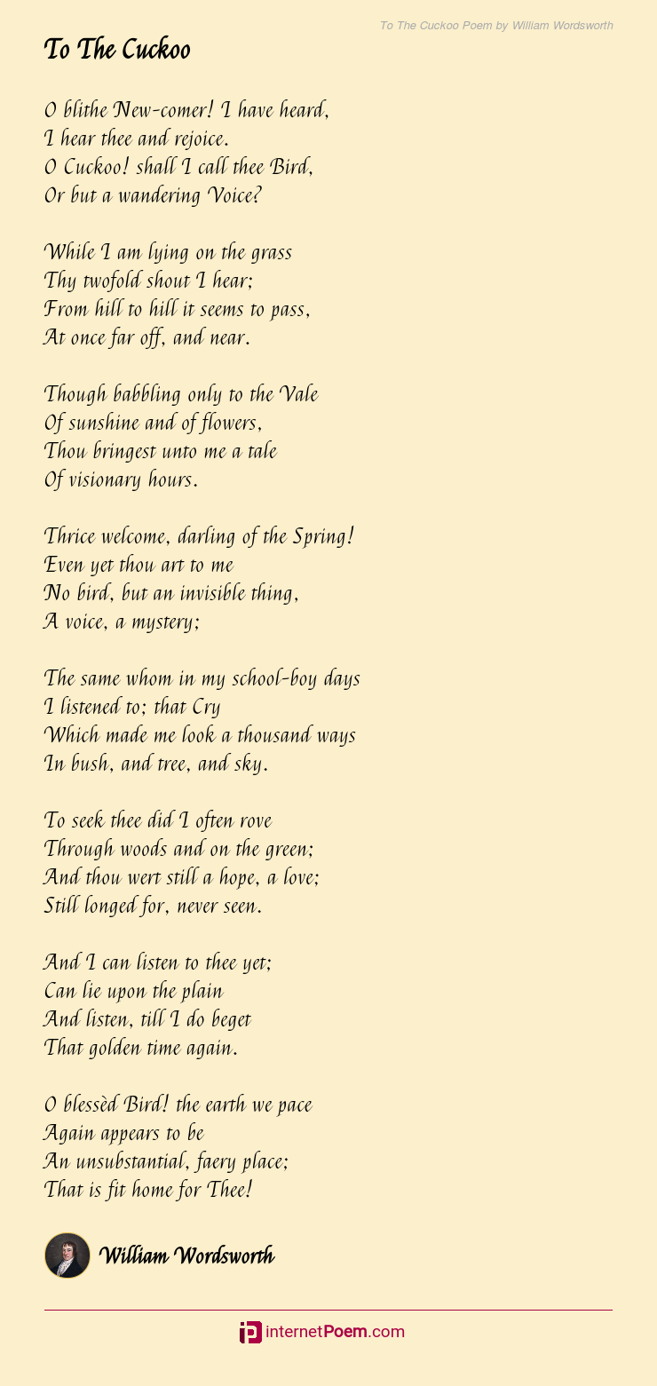 To The Cuckoo Poem by William Wordsworth