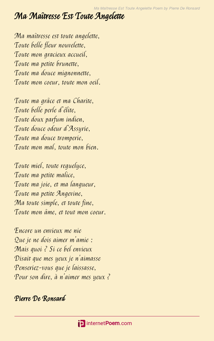 Ma Maîtresse Est Toute Angelette Poem by Pierre De Ronsard