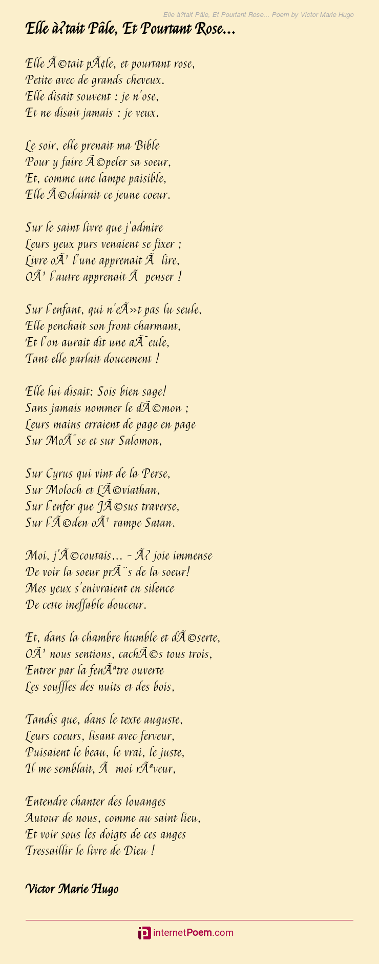 Elle A Tait Pale Et Pourtant Rose Poem By Victor Marie Hugo