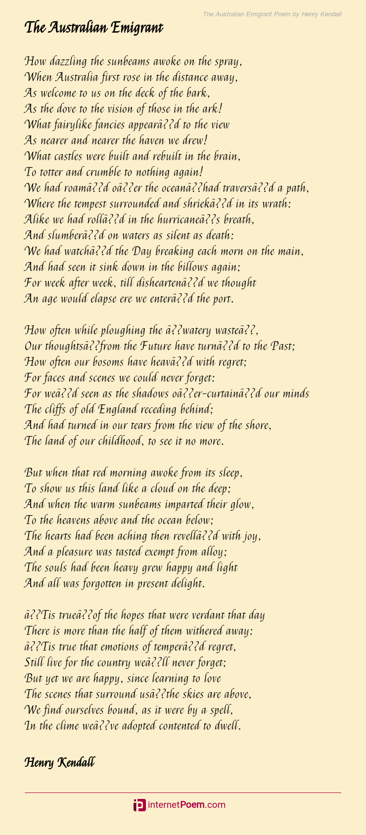 The Australian Emigrant Poem By Henry Kendall