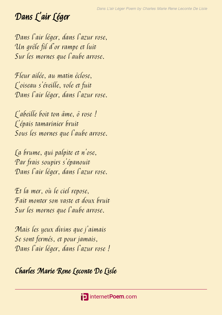 Dans L'air Léger Poem by Charles Marie Rene Leconte De Lisle