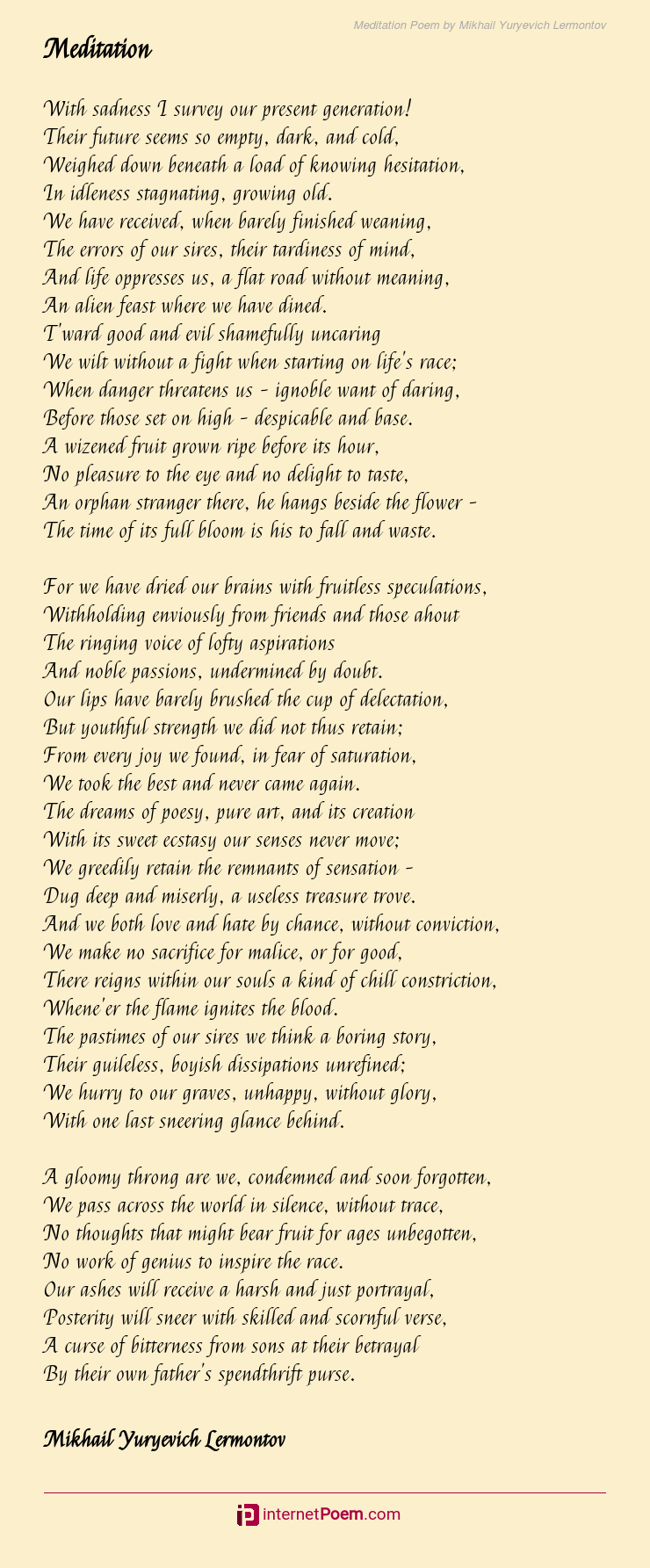 Meditation Poem by Mikhail Yuryevich Lermontov