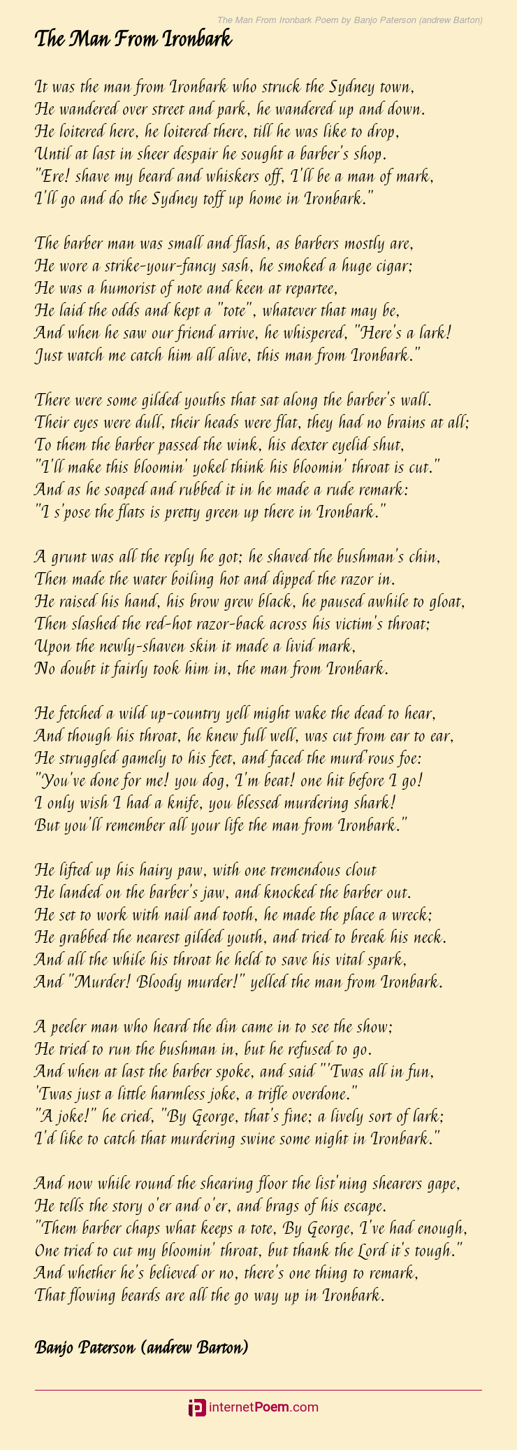 The Man From Ironbark Poem By Banjo Paterson Andrew Barton