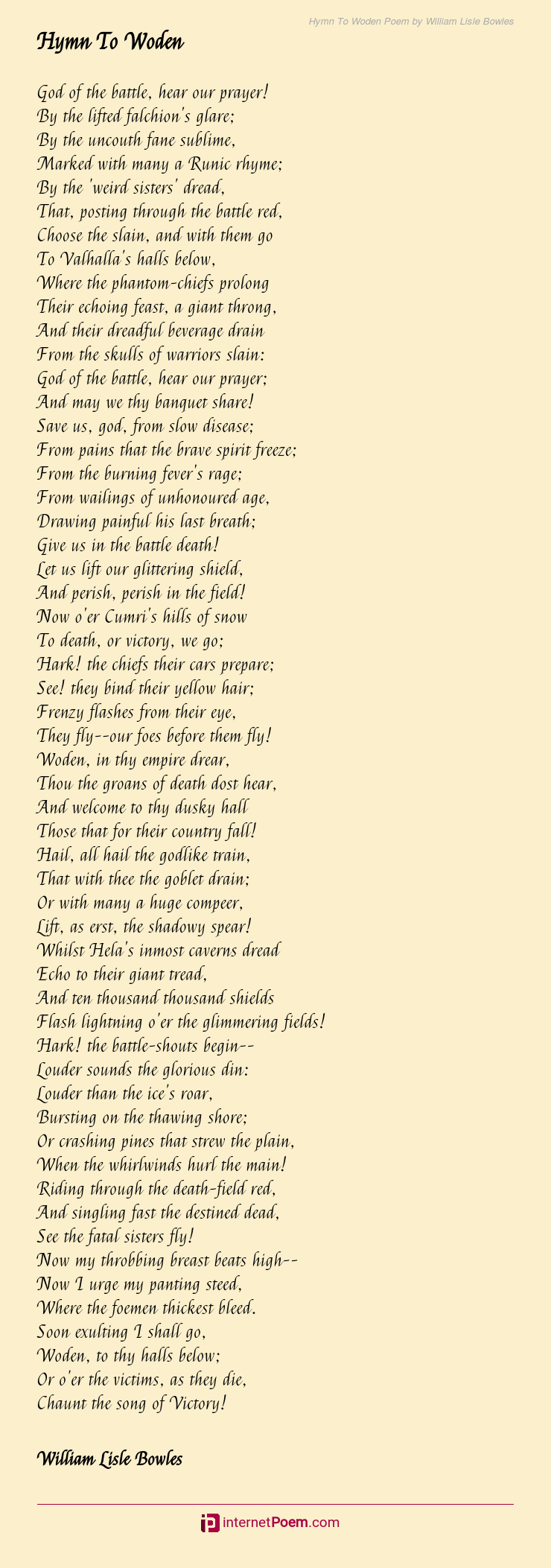 Hymn To Woden Poem By William Lisle Bowles