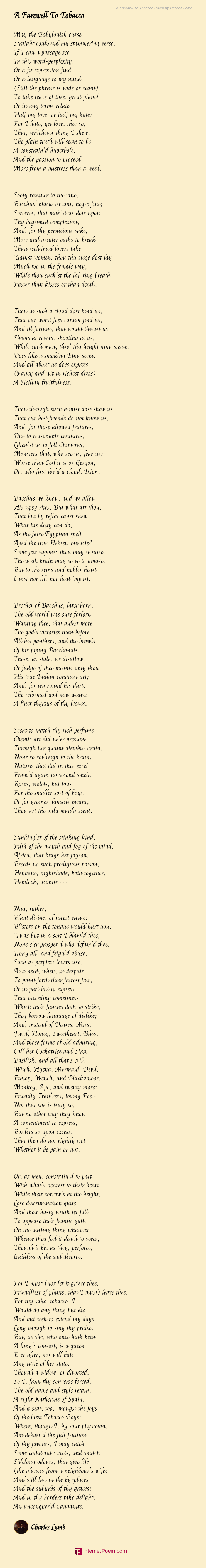 A Farewell To Tobacco Poem by Charles Lamb