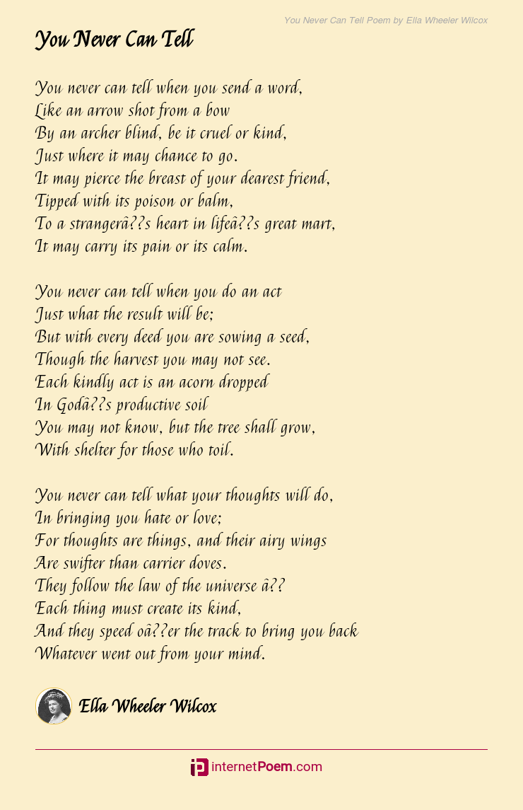 You Never Can Tell Poem by Ella Wheeler Wilcox