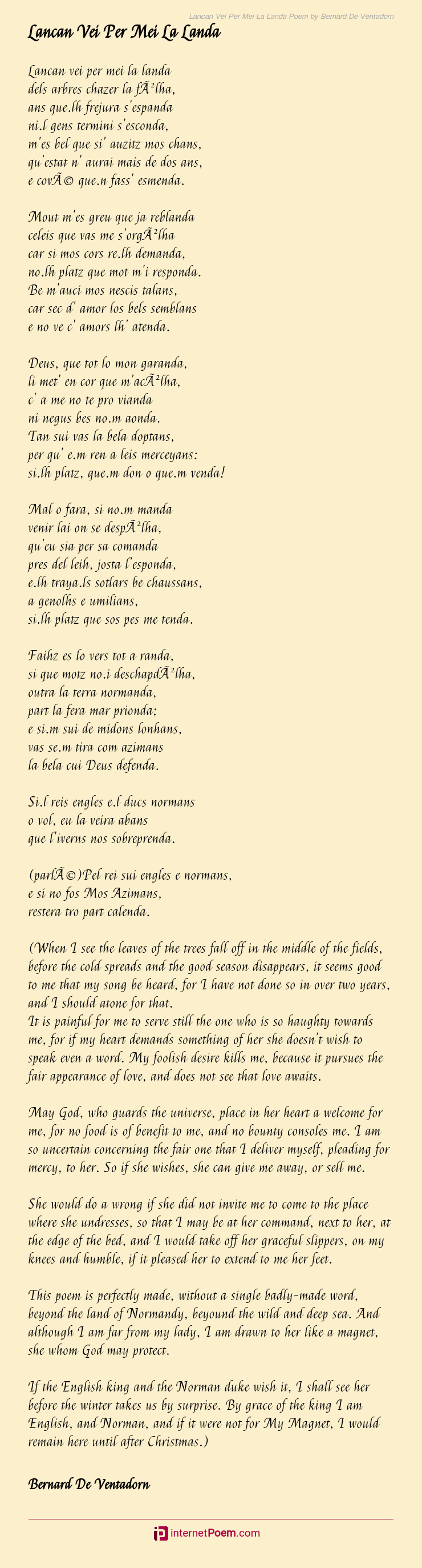 Lancan Vei Per Mei La Landa Poem By Bernard De Ventadorn