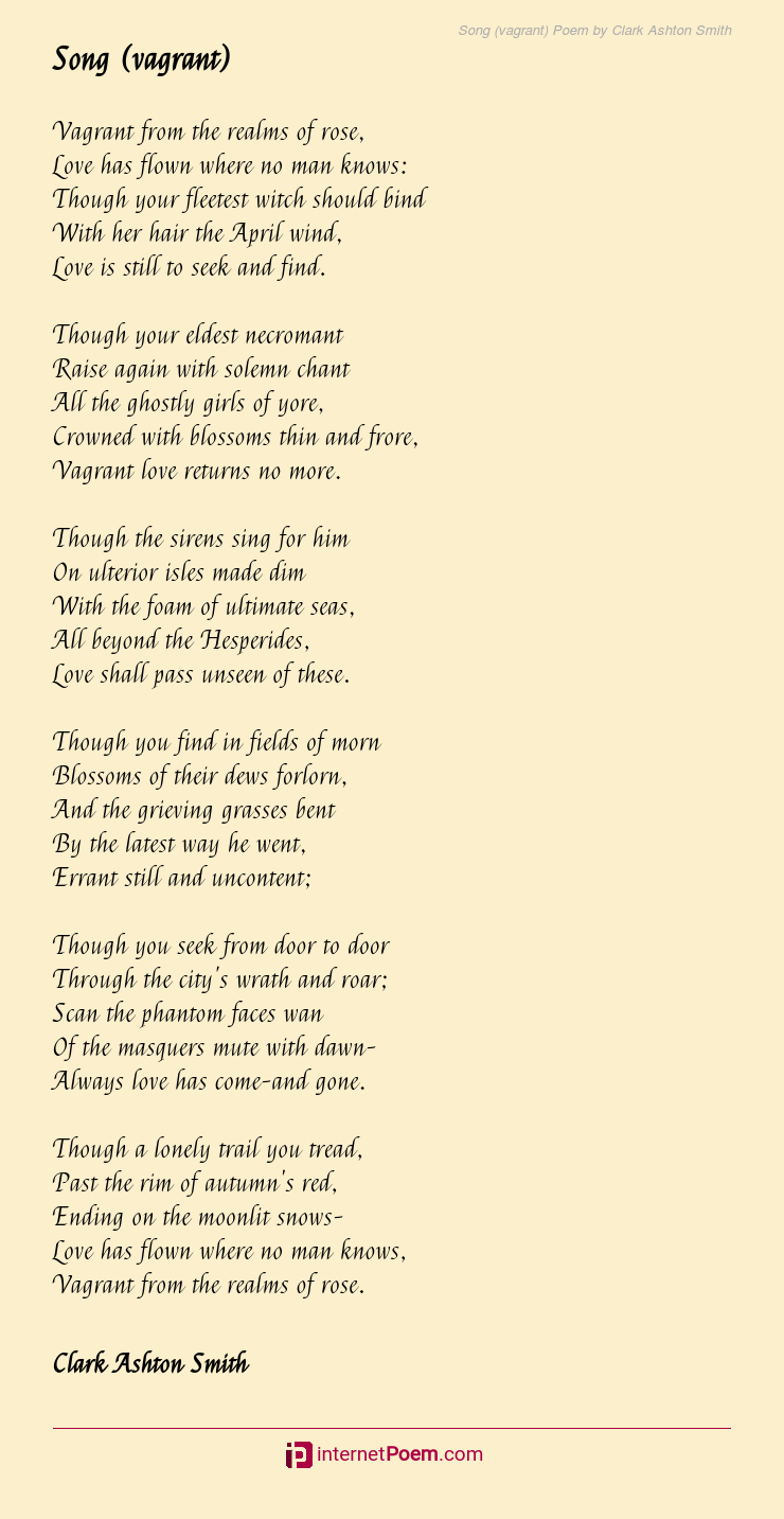 Song Vagrant Poem By Clark Ashton Smith