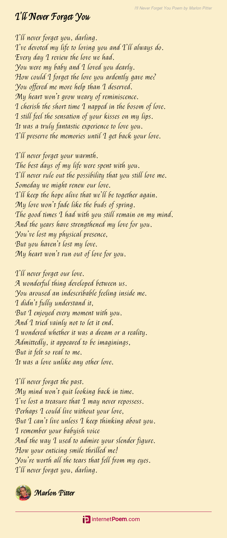 I'll Never Forget You Poem by Marlon Pitter