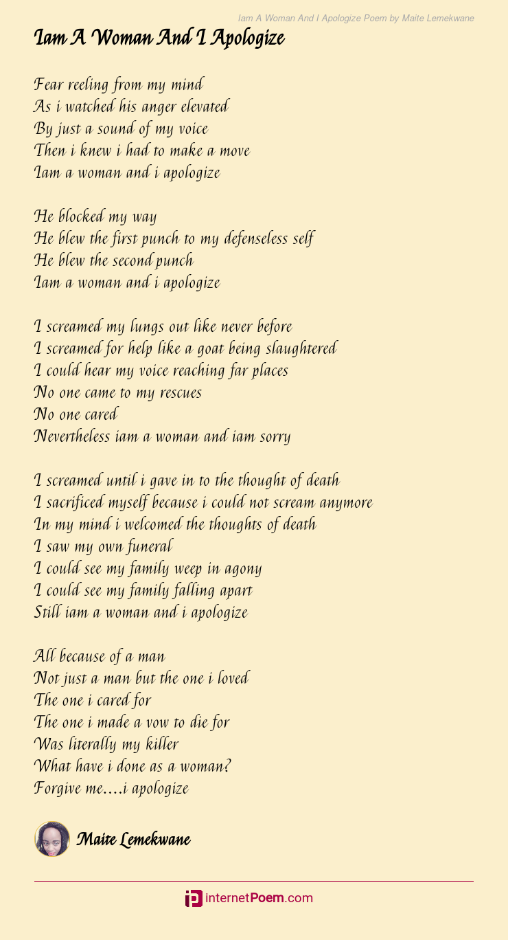 Iam A Woman And I Apologize Poem by Maite Lemekwane