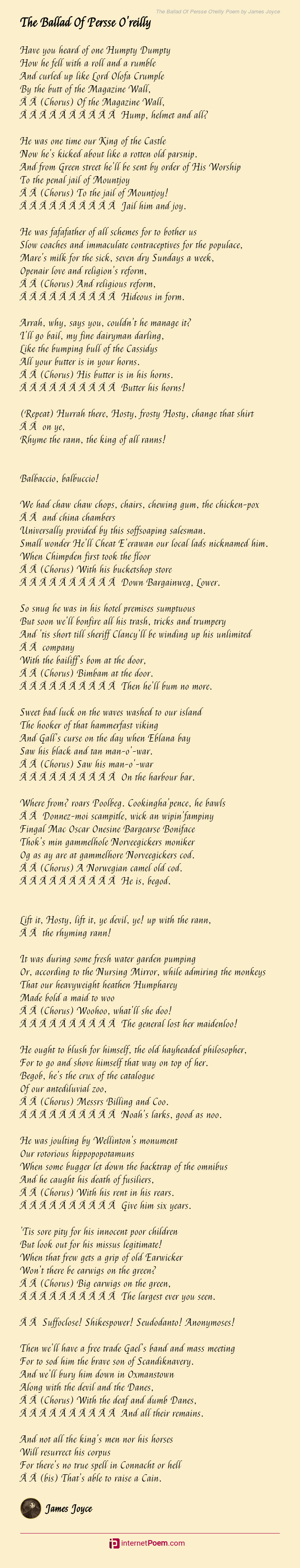 The Ballad Of Persse O Reilly Poem By James Joyce