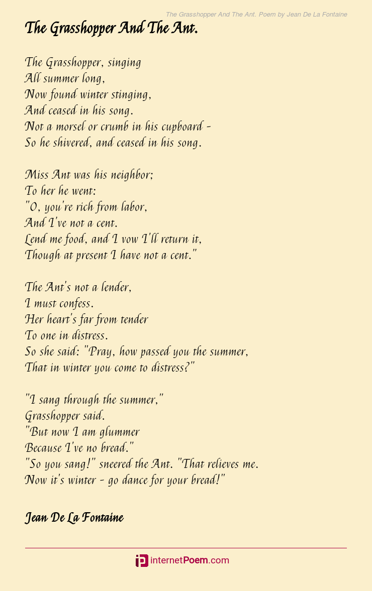 The Grasshopper And The Ant. Poem by Jean De La Fontaine