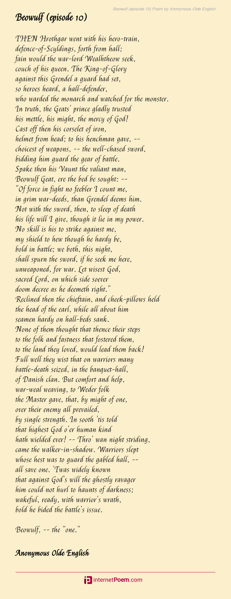 Beowulf Episode 10 Poem By Anonymous Olde English 